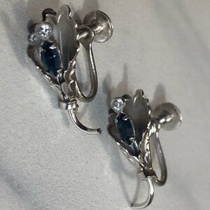 Clip on screw back sterling silver earrings with blue and white stones